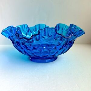 FENTON Colonial Blue Glass Thumbprint Ruffled Crimped Edge Bowl 8”